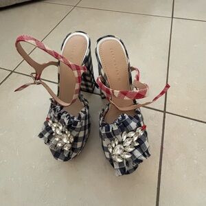 Zara Navy Gingham Jeweled Block Heels with Red Ankle Ties